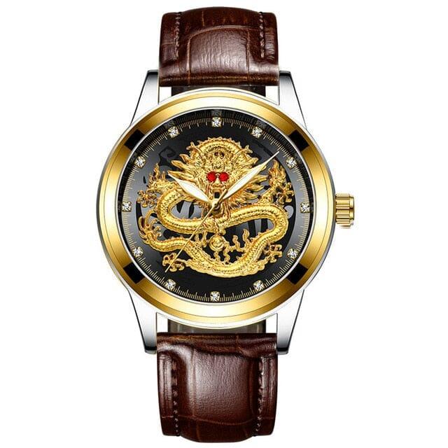 Relógio Dragão - Dourado de Luxo Relógio Dragão - 02 Loja Maria Clara Couro Dourado Preto , relogio masculino dourado original, relogios masculino, relógio masculino